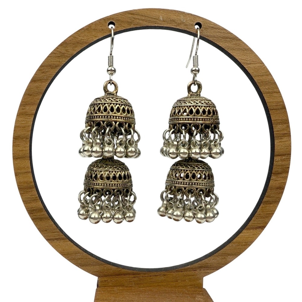Indian Oxidized Metal Double‎ Jhumka Earrings Filigree Boho Chandelier Bohemian